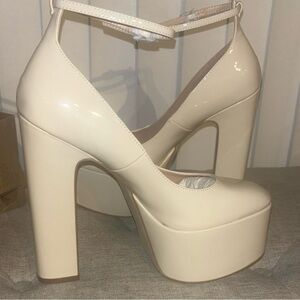Steve Madden Ivory Patent Platform Ankle-Strap Pumps